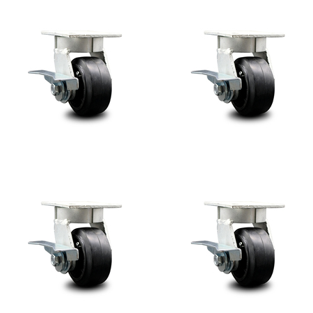 SERVICE CASTER 4 Inch Kingpinless Rubber on Steel Wheel Swivel Caster Set with Brakes SCC SCC-KP30S420-RSR-SLB-4